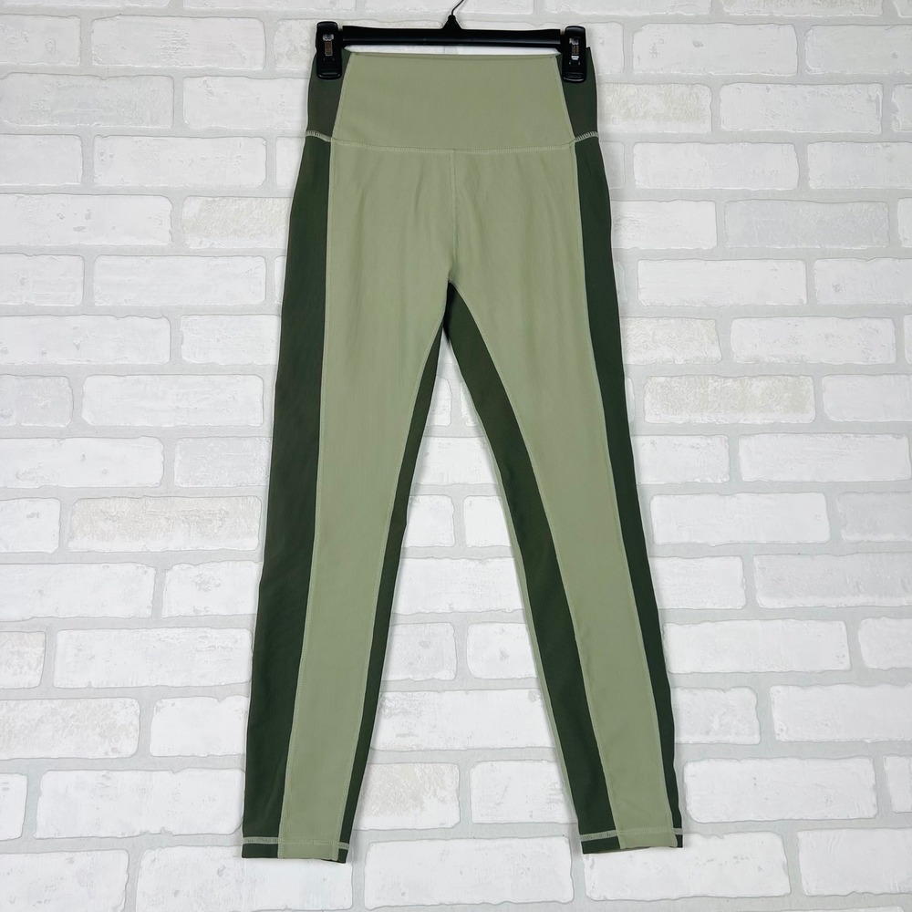 WILO Women Green Ribbed Colorblock High Waisted Athletic Leggings Medium